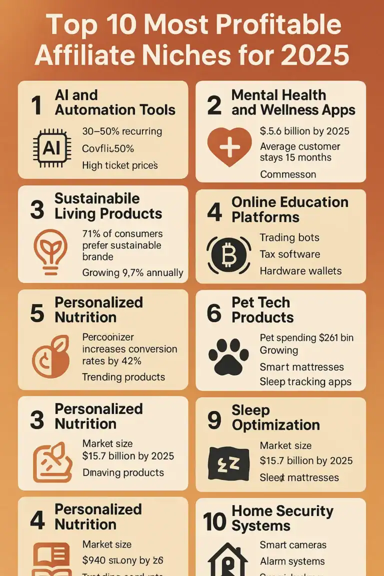Top affiliate niches for 2025: AI, wellness, sustainability, education, nutrition, pets, sleep, security.